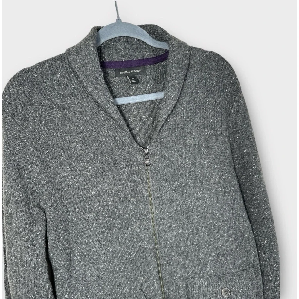 Banana Republic‎ Mens Shawl Collar Wool Silk Zip Sweater Pockets Charcoal Medium